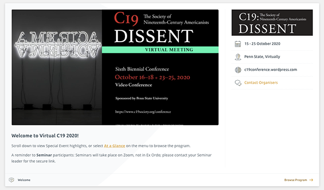 The homepage welcome card for the opening days of C19: Dissent