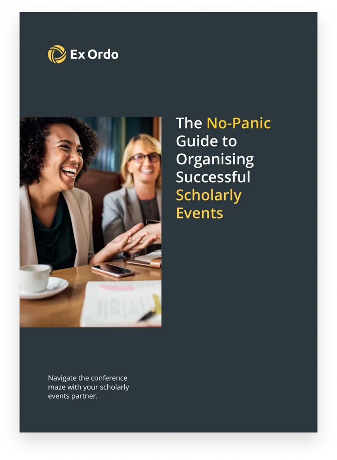 Cover of guide: The No-Panic Guide to Organising Successful Scholarly Events - from Ex Ordo.