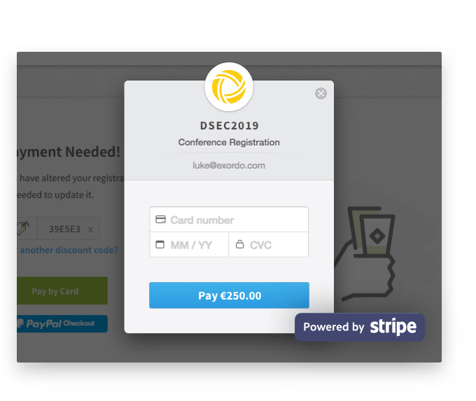 Screengrab showing Stripe card payments feature on Ex Ordo registration software
